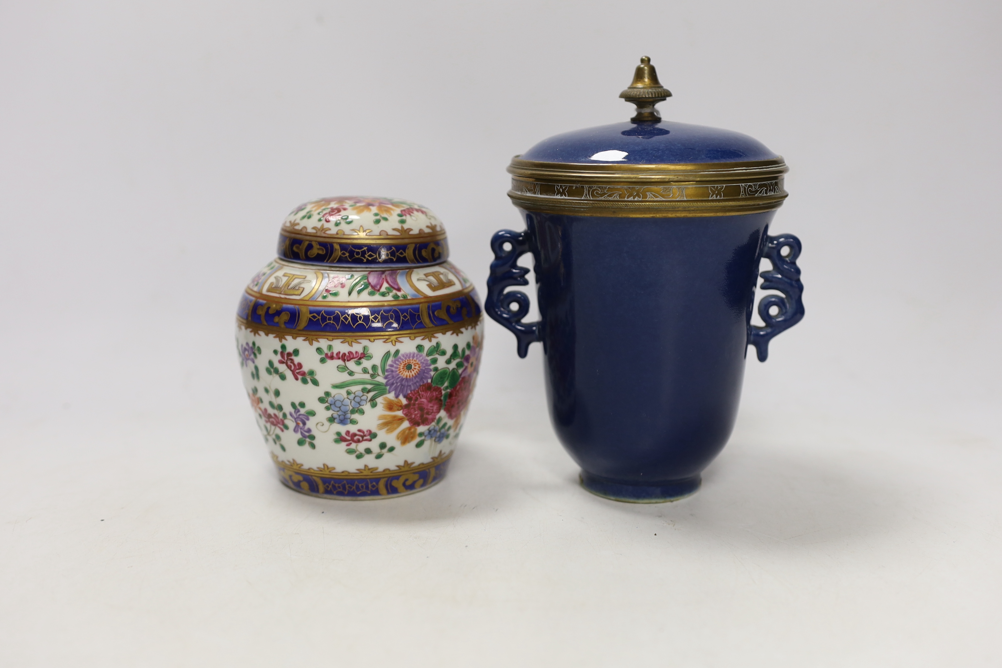 A Samson Chinese style powder blade and brass mounted cup and cover and a similar famille rose jar and cover, largest 18cm high (2)